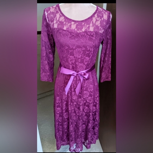 Lace~Purple Floral A-line Formal Dress Sash Bow Belt NWOT - Picture 11 of 14